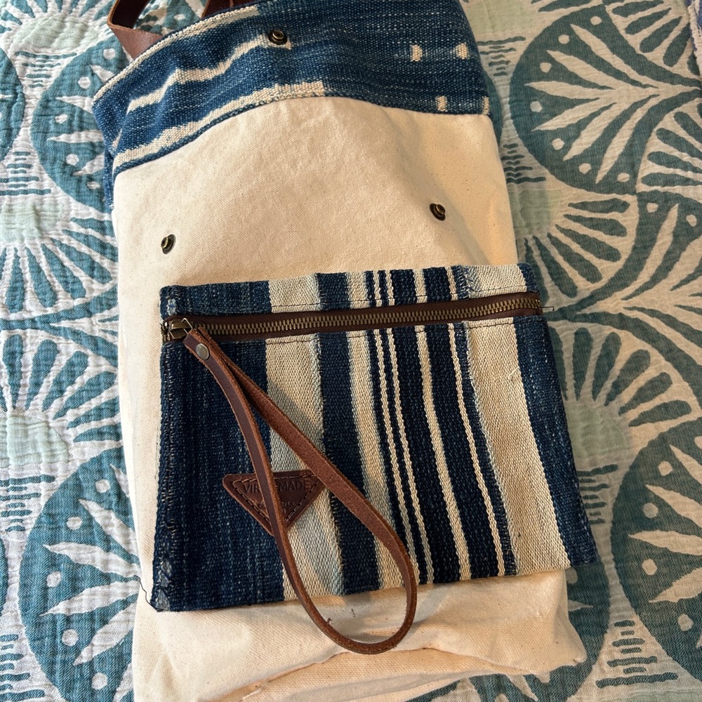 West African Mud Cloth Mali Barrel Bucket Bag Genuine Leather Hand Crafted - Picture 13 of 16